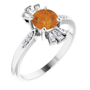 Platinum Round Natural Citrine & Natural Diamond Accented Ring – 6mm Stones