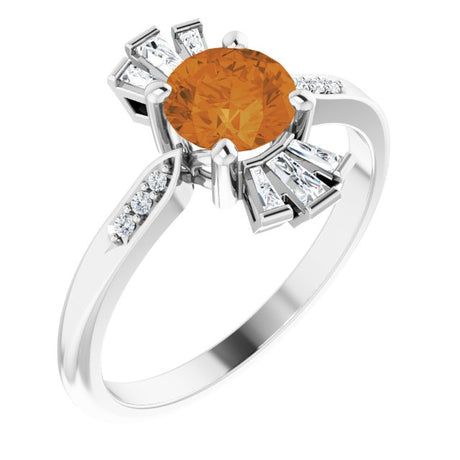 Platinum Round Natural Citrine & Natural Diamond Accented Ring – 6mm Stones
