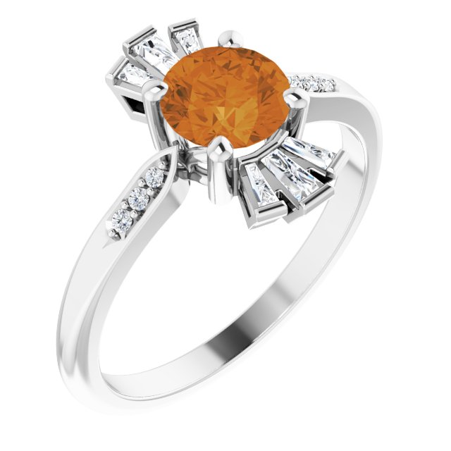 Platinum Round Natural Citrine & Natural Diamond Accented Ring – 6mm Stones