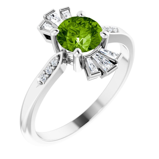 Platinum Round Natural Peridot & Natural Diamond Accented Ring – 6mm Stones