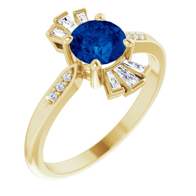 14K Gold Round Lab-Grown Blue Sapphire & Natural Diamond Accented Ring III - Yellow Gold