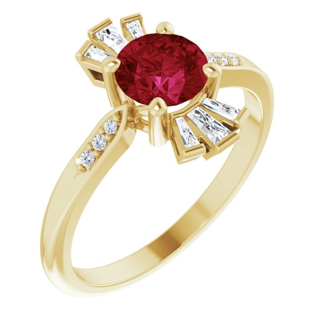 14K Gold Round Lab-Grown Ruby & Natural Diamond Accented Ring - Yellow Gold