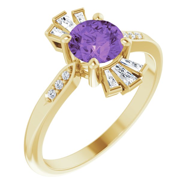 14K Gold Round Natural Amethyst & Natural Diamond Accented Ring II - Yellow Gold