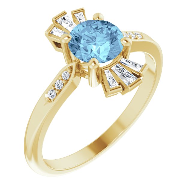 14K Gold Round Natural Aquamarine & Natural Diamond Accented Ring IV - Yellow Gold