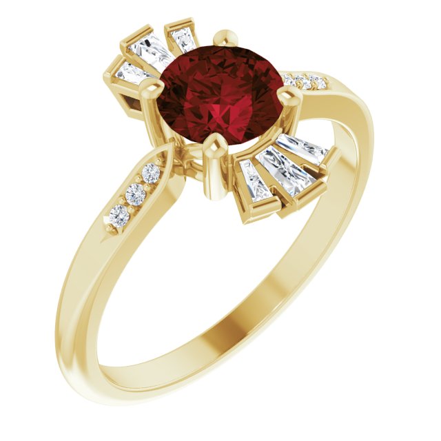 14K Gold Round Natural Mozambique Garnet & Natural Diamond Accented Ring II - Yellow Gold