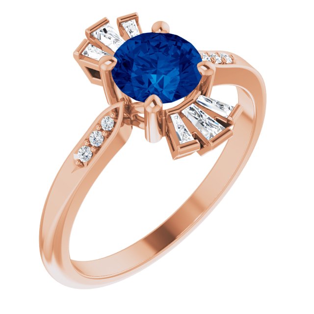 14K Gold Round Natural Blue Sapphire & Natural Diamond Accented Ring – 6mm Stones - Rose Gold