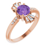 14K Gold Round Natural Amethyst & Natural Diamond Accented Ring II - Rose Gold