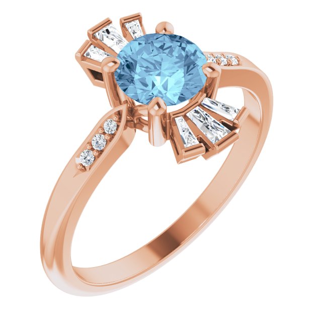 14K Gold Round Natural Aquamarine & Natural Diamond Accented Ring IV - Rose Gold