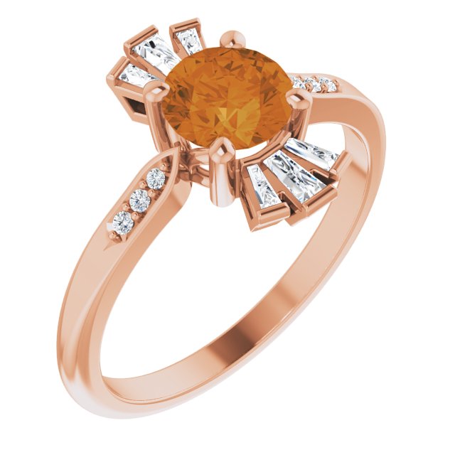 14K Gold Round Natural Citrine & Natural Diamond Accented Ring II - Rose Gold