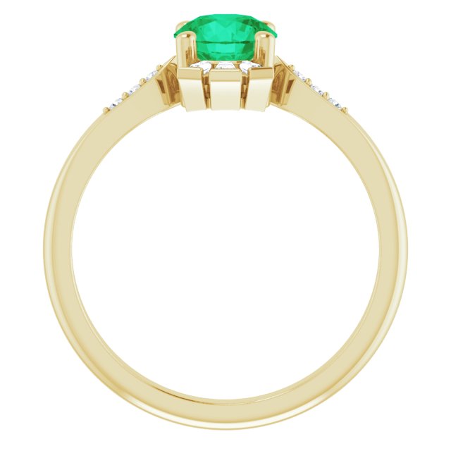 14K Gold Round Lab-Grown Emerald & Natural Diamond Accented Ring - Yellow Gold - view 2