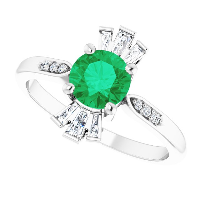14K Gold Round Lab-Grown Emerald & Natural Diamond Accented Ring - White Gold - view 5