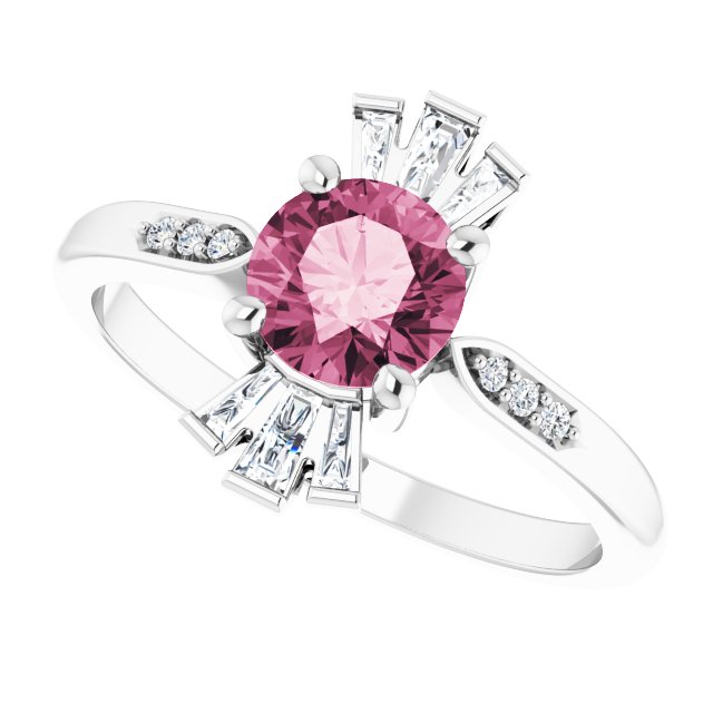 14K Gold Round Natural Pink Tourmaline & Natural Diamond Accented Ring – 6mm Stones - White Gold - view 5