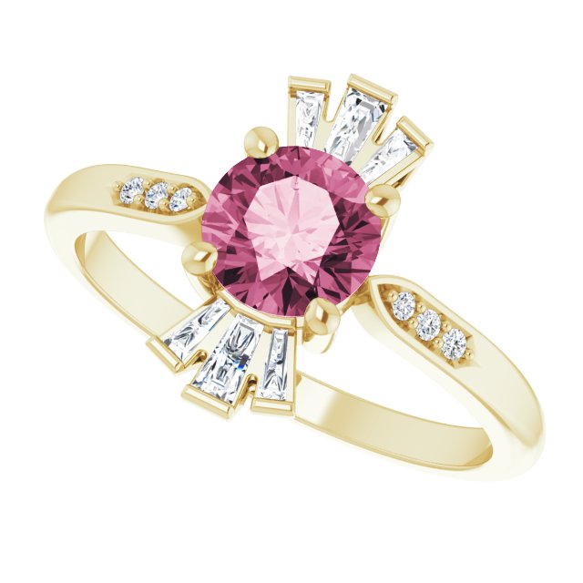 14K Gold Round Natural Pink Tourmaline & Natural Diamond Accented Ring – 6mm Stones - Yellow Gold - view 5