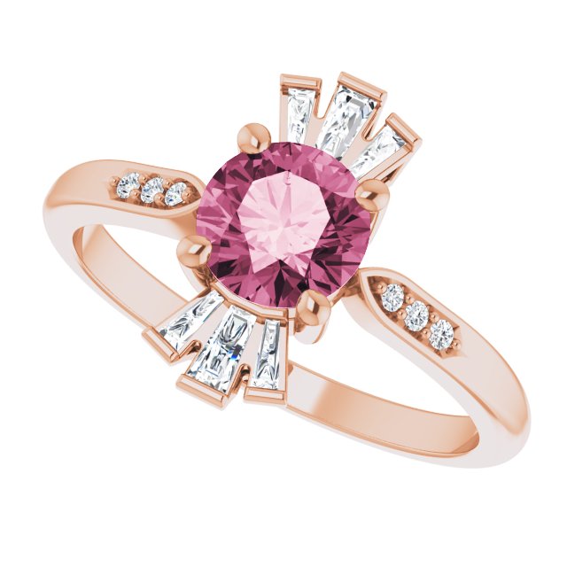 14K Gold Round Natural Pink Tourmaline & Natural Diamond Accented Ring – 6mm Stones - Rose Gold - view 5
