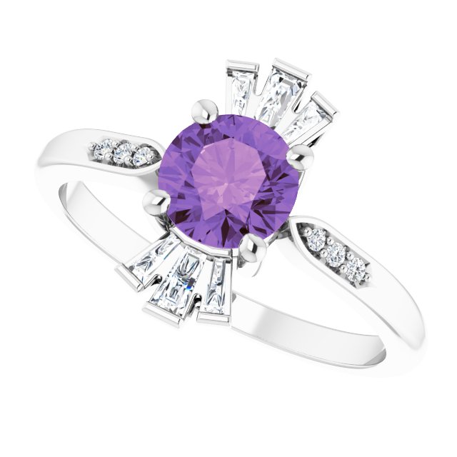 Platinum Round Natural Amethyst & Natural Diamond Accented Ring – 6mm Stones - view 5