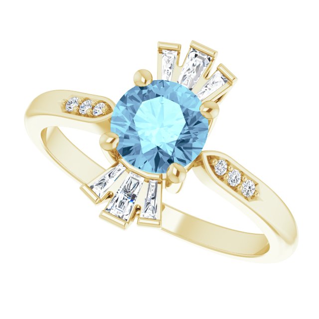 14K Gold Round Natural Aquamarine & Natural Diamond Accented Ring IV - Yellow Gold - view 5