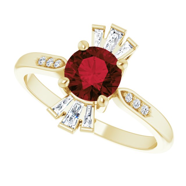 14K Gold Round Natural Mozambique Garnet & Natural Diamond Accented Ring II - Yellow Gold - view 5