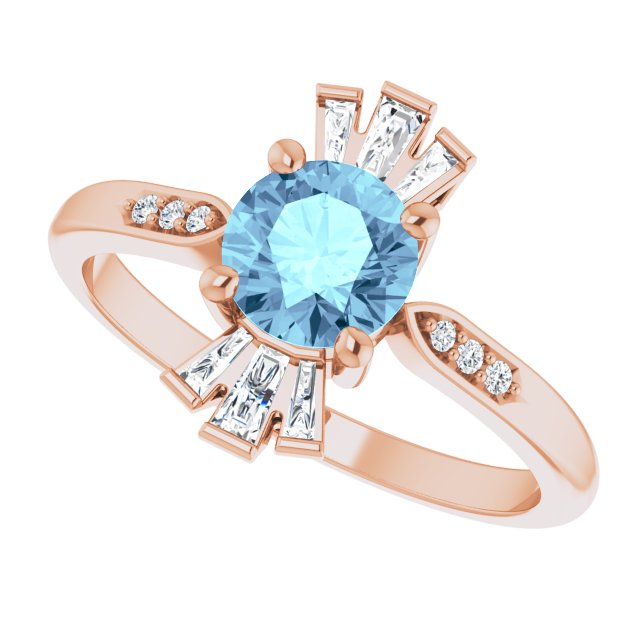 14K Gold Round Natural Aquamarine & Natural Diamond Accented Ring IV - Rose Gold - view 5