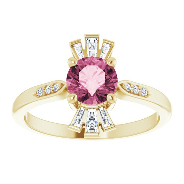 14K Gold Round Natural Pink Tourmaline & Natural Diamond Accented Ring – 6mm Stones - Yellow Gold - view 3