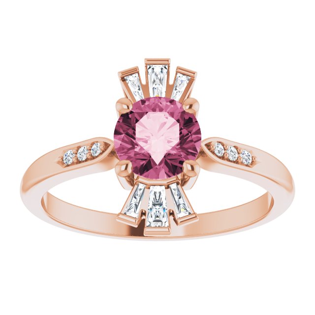 14K Gold Round Natural Pink Tourmaline & Natural Diamond Accented Ring – 6mm Stones - Rose Gold - view 3