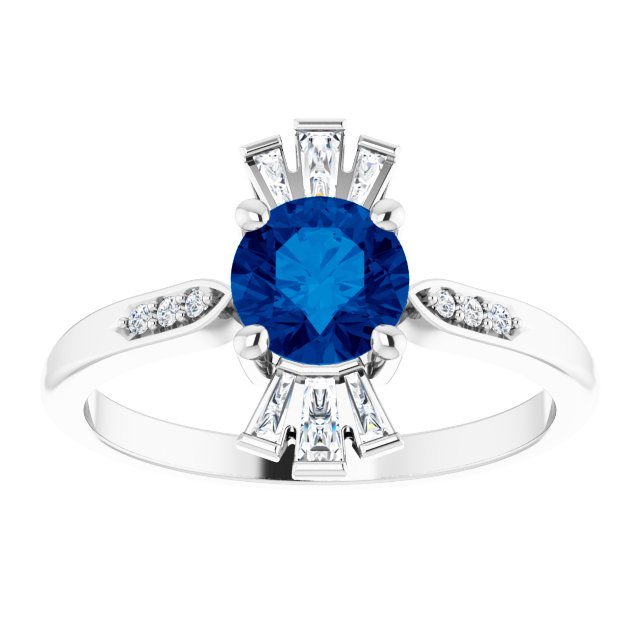 Platinum Round Natural Blue Sapphire & Natural Diamond Accented Ring – 6mm Stones - view 3