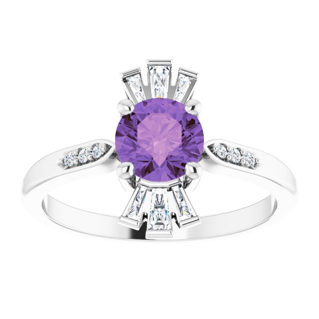 14K Gold Round Natural Amethyst & Natural Diamond Accented Ring II - White Gold - view 3