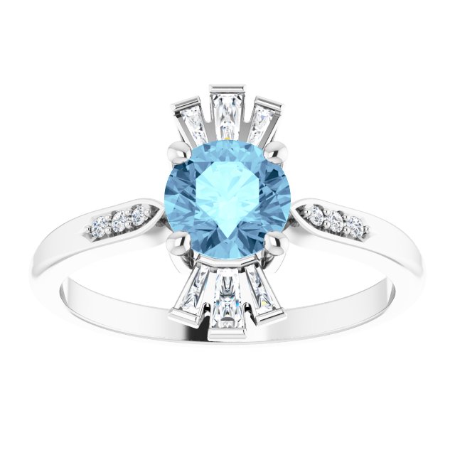 14K Gold Round Natural Aquamarine & Natural Diamond Accented Ring IV - White Gold - view 3