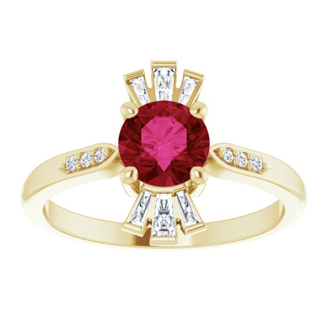 14K Gold Round Lab-Grown Ruby & Natural Diamond Accented Ring - Yellow Gold - view 3
