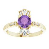 14K Gold Round Natural Amethyst & Natural Diamond Accented Ring II - Yellow Gold - view 3