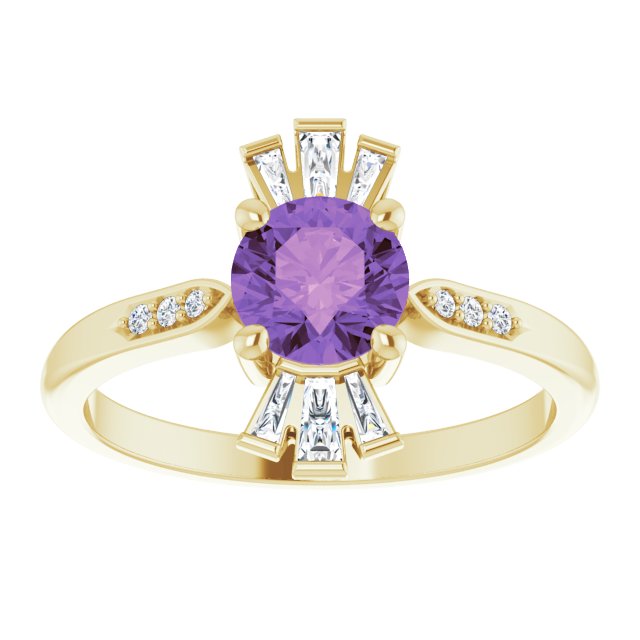 14K Gold Round Natural Amethyst & Natural Diamond Accented Ring II - Yellow Gold - view 3