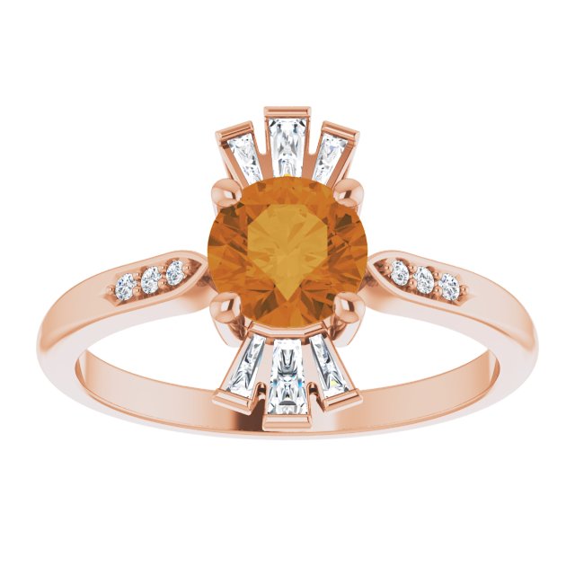 14K Gold Round Natural Citrine & Natural Diamond Accented Ring II - Rose Gold - view 3