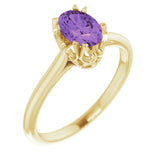 14K Gold Oval Natural Amethyst Solitaire Ring – 6-10mm Stones - Yellow Gold
