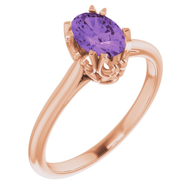 14K Gold Oval Natural Amethyst Solitaire Ring – 6-10mm Stones - Rose Gold