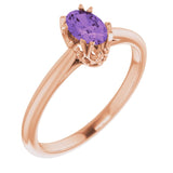 14K Gold Oval Natural Amethyst Solitaire Ring – 6-10mm Stones - Rose Gold