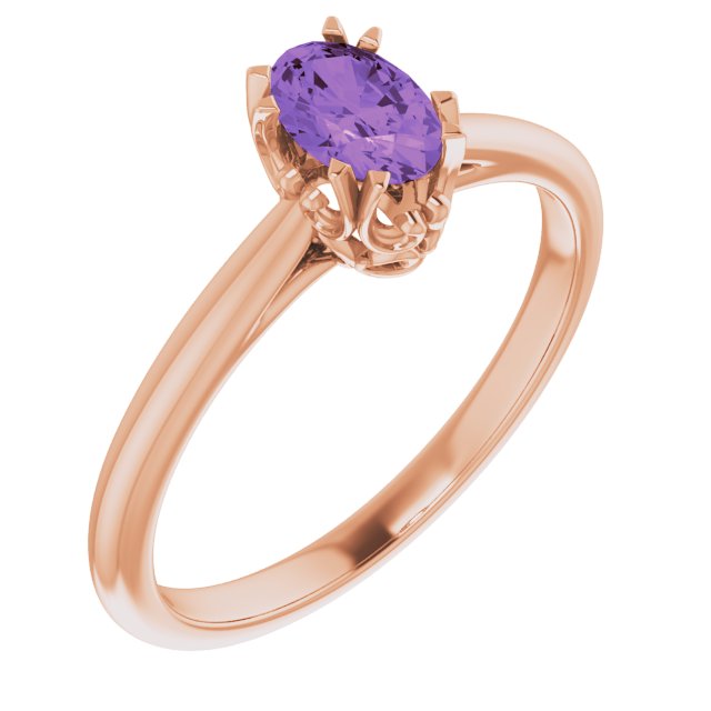 14K Gold Oval Natural Amethyst Solitaire Ring – 6-10mm Stones - Rose Gold