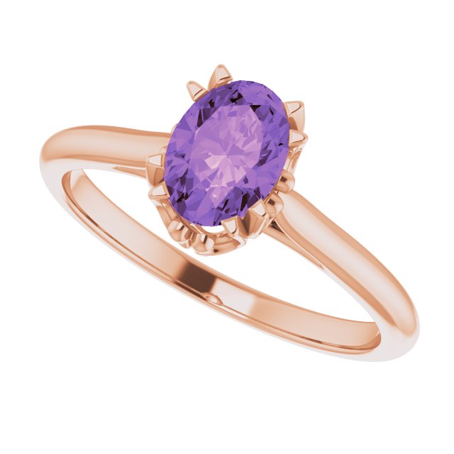 14K Gold Oval Natural Amethyst Solitaire Ring – 6-10mm Stones - Rose Gold - view 5