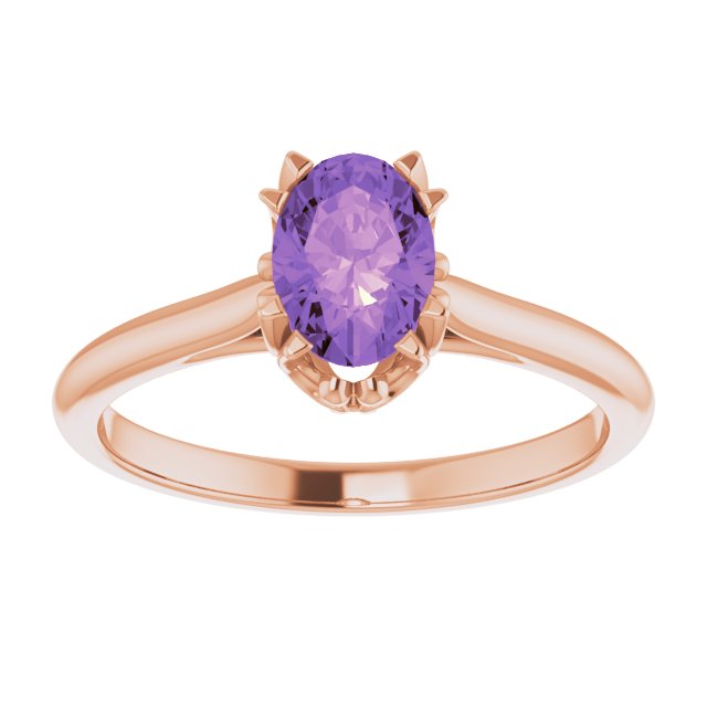 14K Gold Oval Natural Amethyst Solitaire Ring – 6-10mm Stones - Rose Gold - view 3