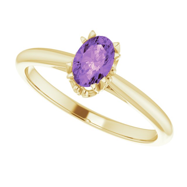 14K Gold Oval Natural Amethyst Solitaire Ring – 6-10mm Stones - Yellow Gold - view 5