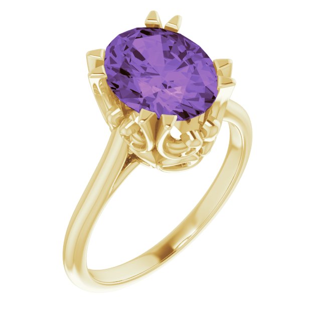 14K Gold Oval Natural Amethyst Solitaire Ring – 6-10mm Stones - Yellow Gold