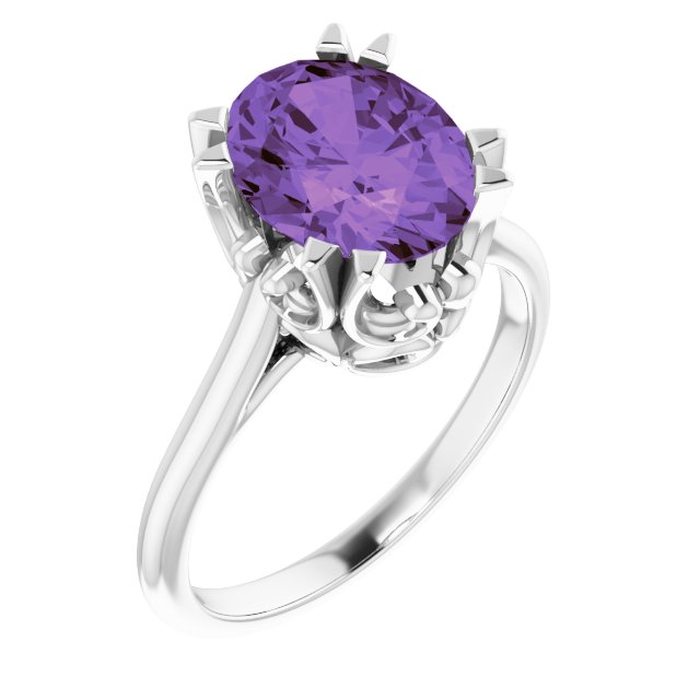 Platinum Oval Natural Amethyst Solitaire Ring – 6-10mm Stones