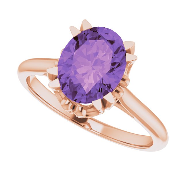 14K Gold Oval Natural Amethyst Solitaire Ring – 6-10mm Stones - Rose Gold - view 5