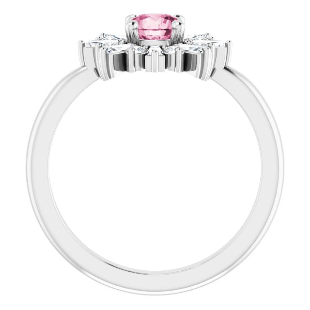 Platinum Round Natural Pink Tourmaline & Natural Diamond Halo-Style Ring - view 2