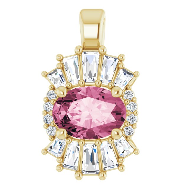14K Gold Oval Natural Pink Tourmaline Halo-Style Necklace or Pendant - Yellow Gold - view 4