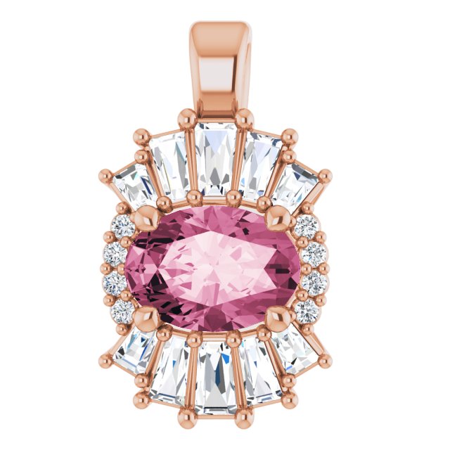 14K Gold Oval Natural Pink Tourmaline Halo-Style Necklace or Pendant - Rose Gold - view 5