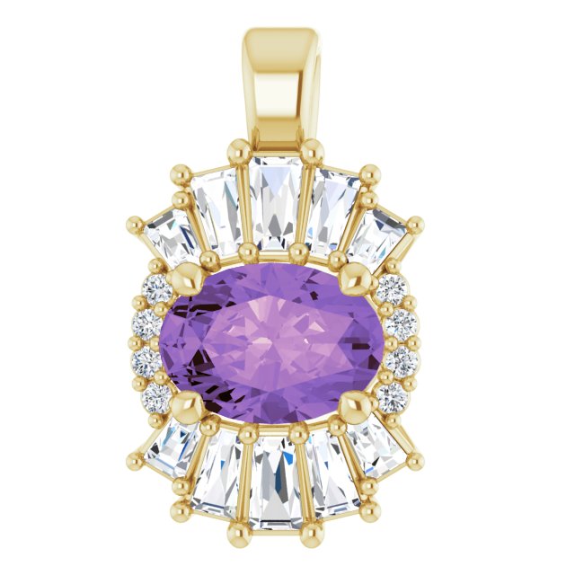 14K Gold Oval Natural Amethyst Halo-Style Necklace or Pendant - Yellow Gold - view 4