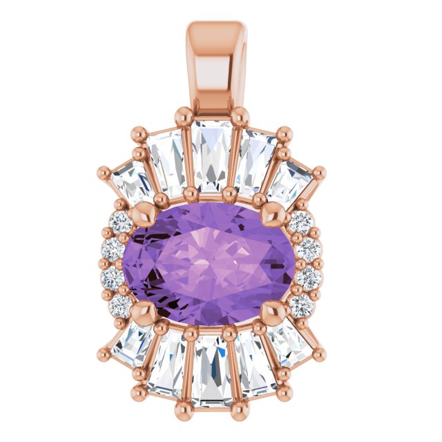 14K Gold Oval Natural Amethyst Halo-Style Necklace or Pendant - Rose Gold - view 5