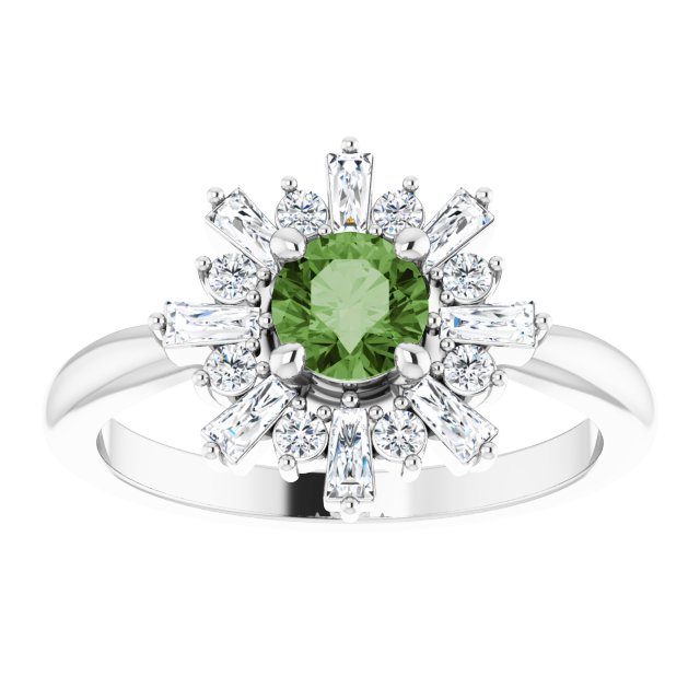 Platinum Round Natural Green Tourmaline & Natural Diamond Halo-Style Ring - view 3