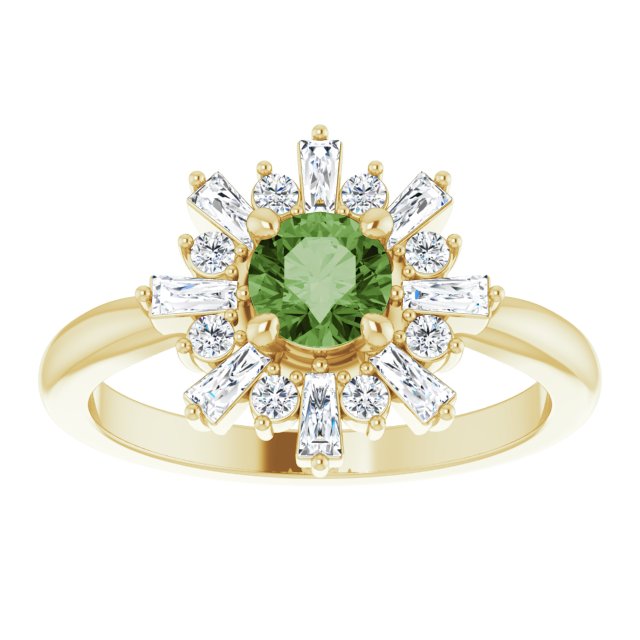 14K Gold Round Natural Green Tourmaline & Natural Diamond Halo-Style Ring - Yellow Gold - view 3