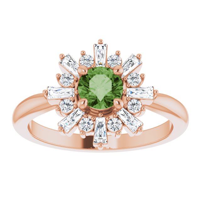 14K Gold Round Natural Green Tourmaline & Natural Diamond Halo-Style Ring - Rose Gold - view 3