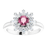 Platinum Round Natural Pink Tourmaline & Natural Diamond Halo-Style Ring - view 3